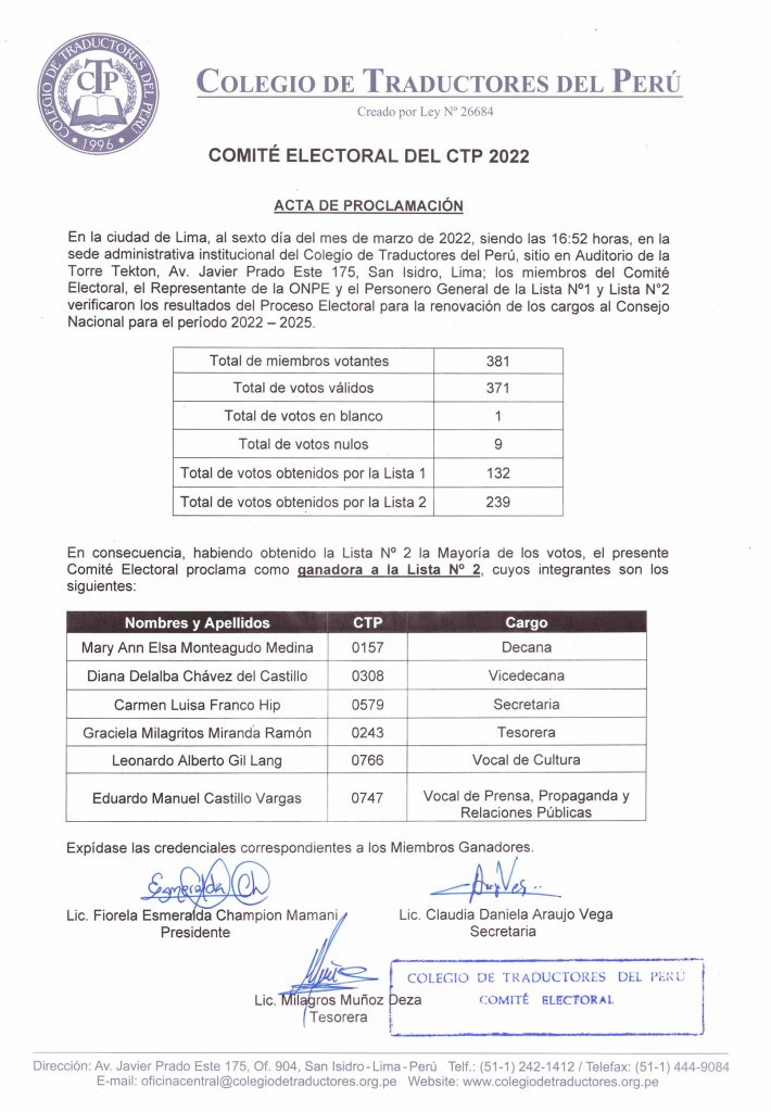 Resultados del proceso electoral Elección del Consejo Nacional 2022